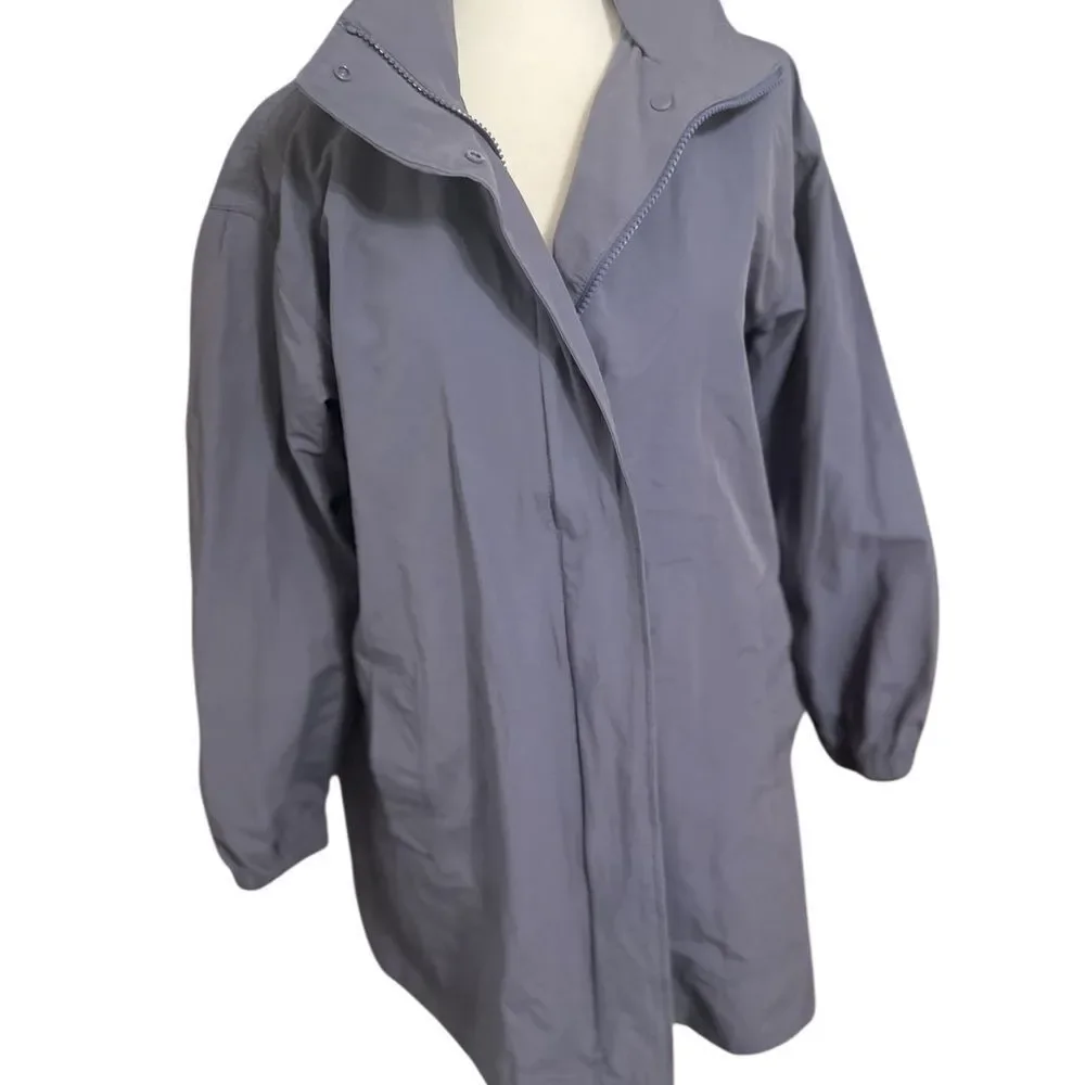 Eileen Fisher Stand Collar Hidden Hood Organic Cotton Blend Coat In Twilight Xs - Picture 2 of 14